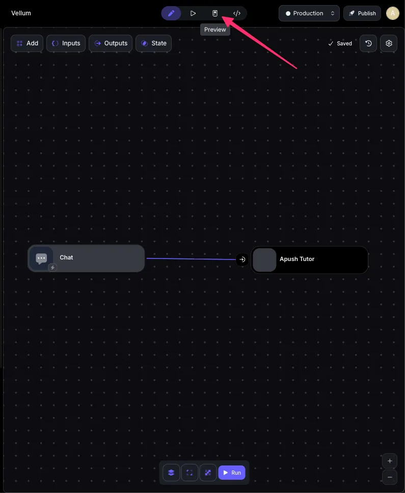 Workflow Sandbox showing the Preview mode tab highlighted in the toolbar