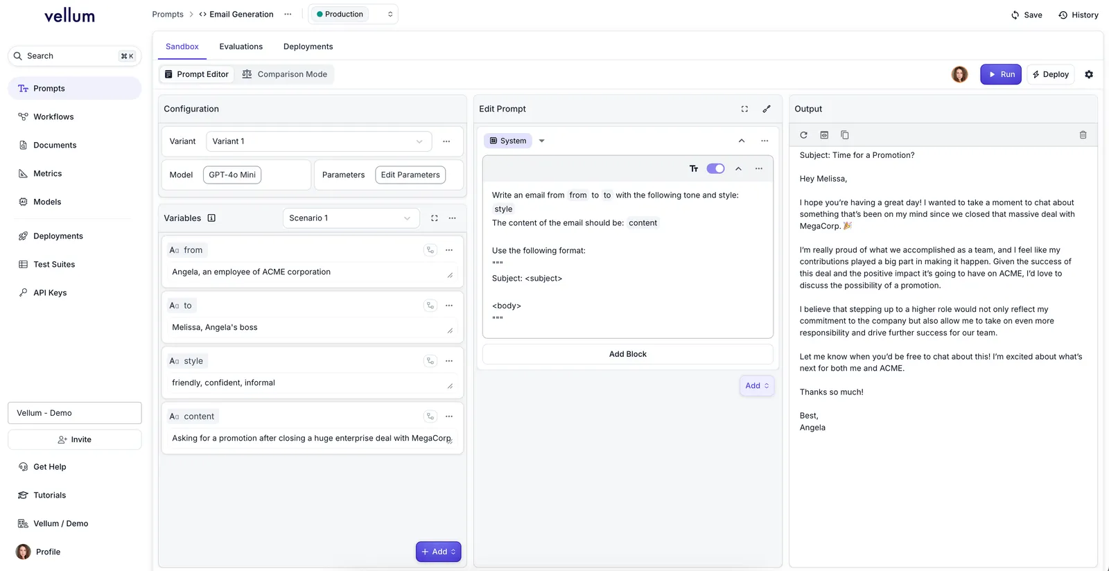 Screenshot showing the new 3-column Prompt Editor layout with Configuration & Variables on the left, Prompt Editor in the center, and Output panel on the right
