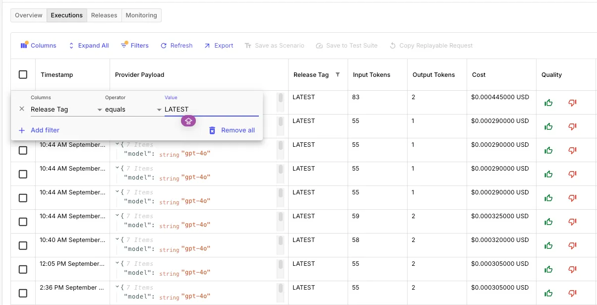 Prompt Deployment Executions Table with Release Tag Filter