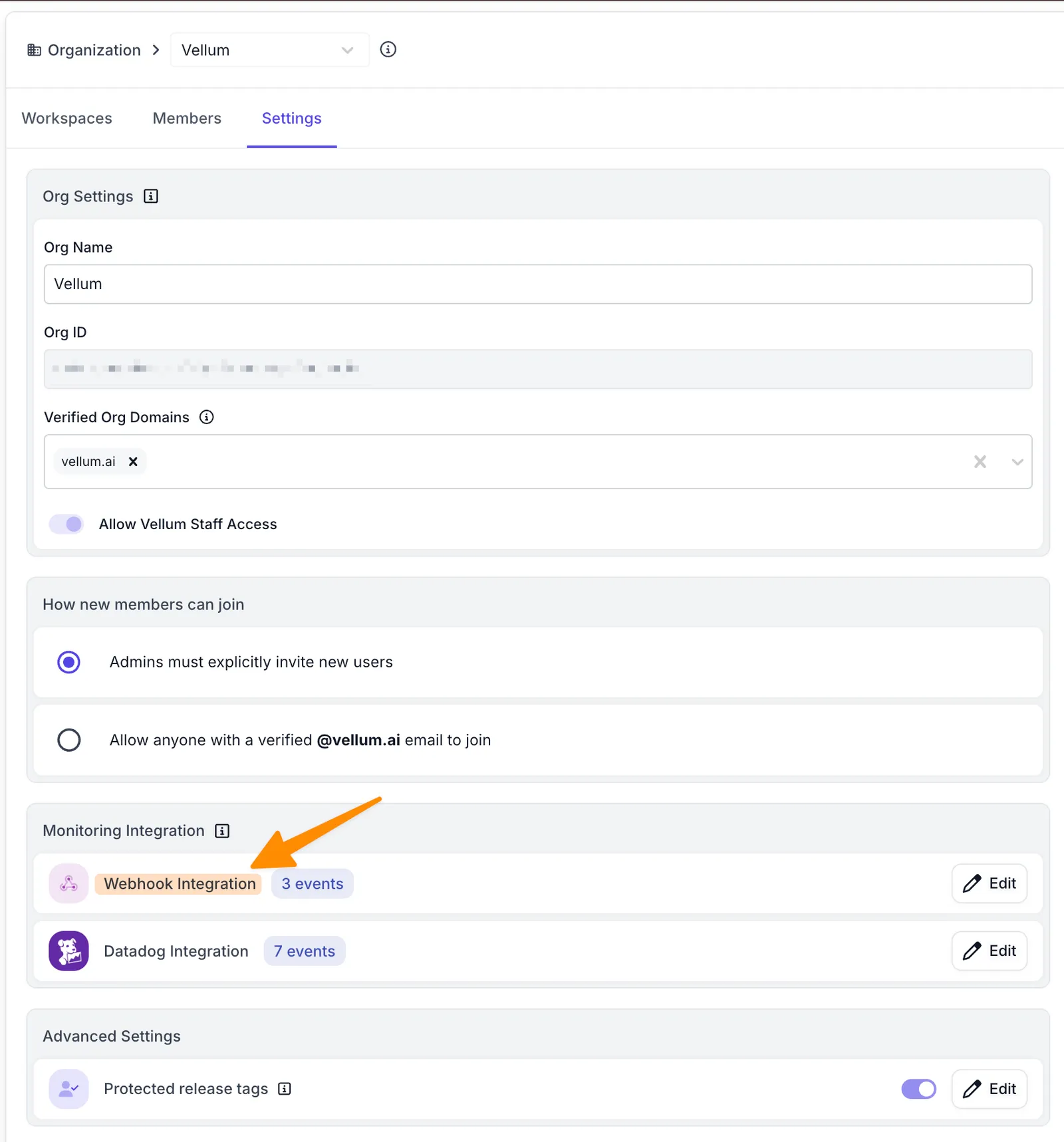 Webhook Integration Settings