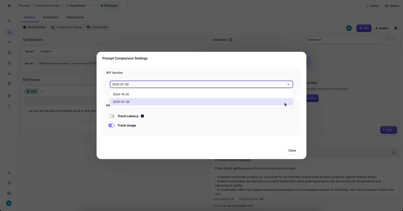 API Version selector shown in the Prompt Sandbox Editor Settings
