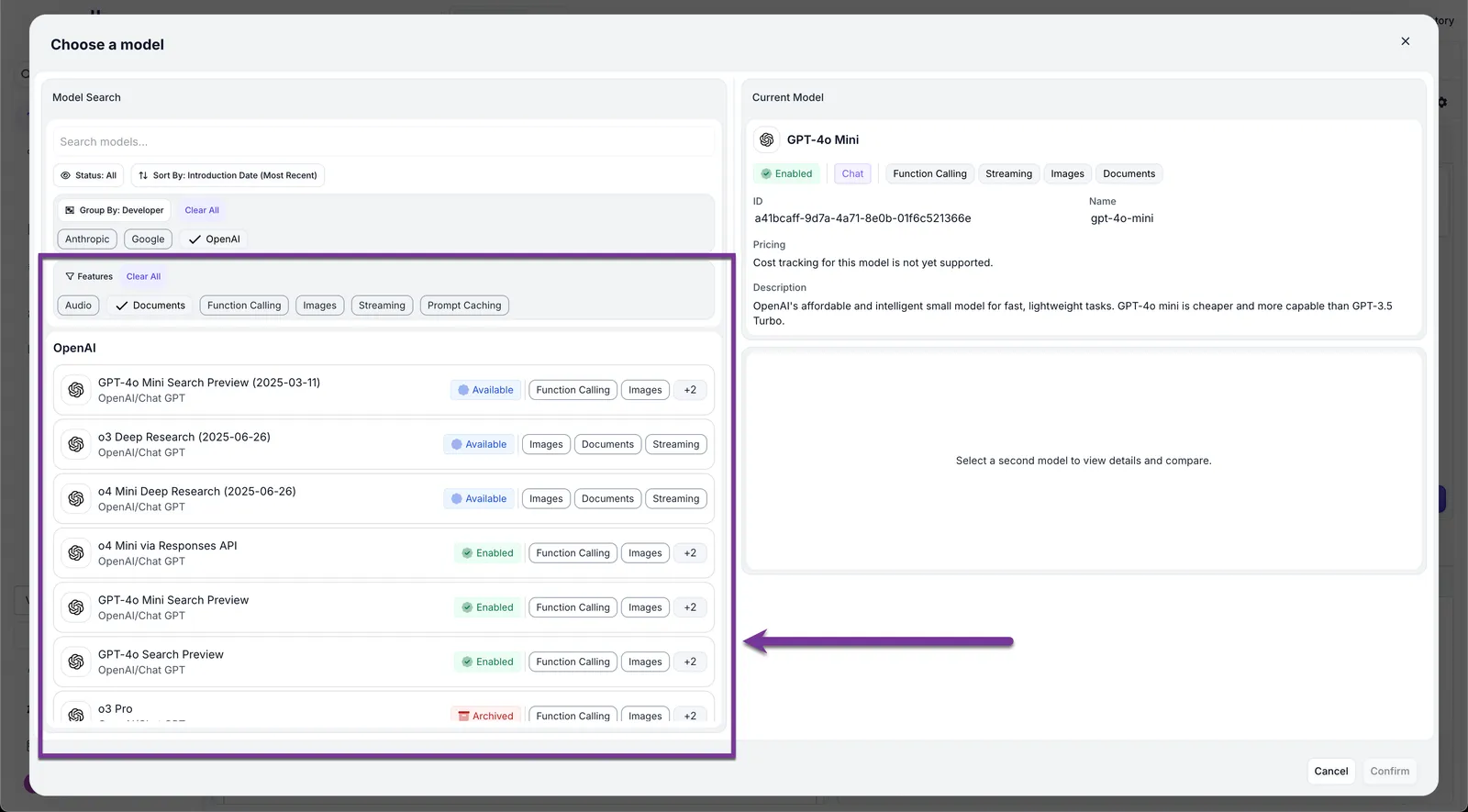 Model Picker interface showing the new Features filter with options like Documents, Function Calling, Streaming, Images, and enhanced model cards displaying supported features