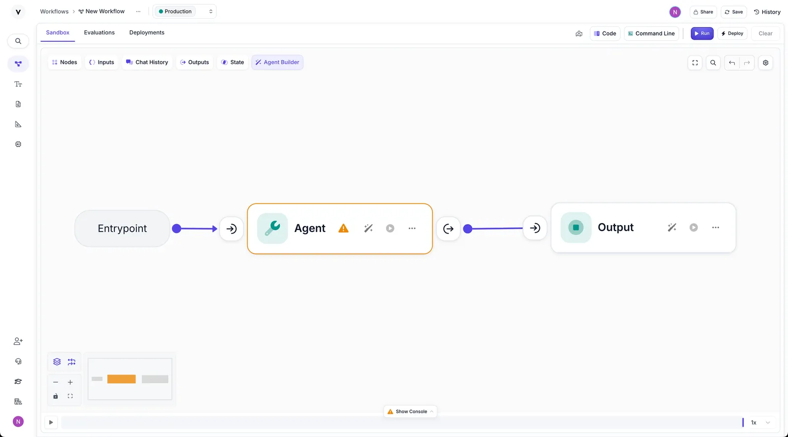 Screenshot showing the Workflow canvas with warnings visible on Nodes and in the mini map view at the bottom left