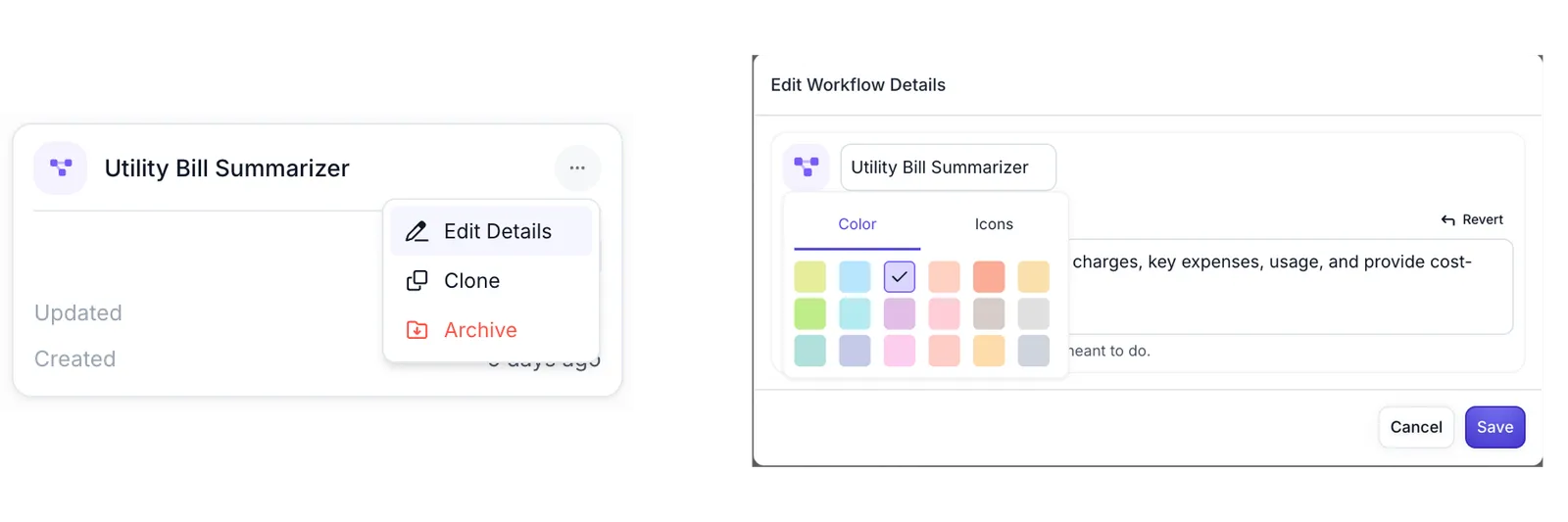 Edit Workflow Details modal showing color palette and icon selector for customizing Workflow appearance