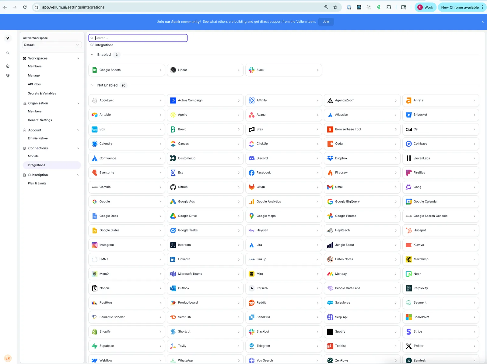 Integrations page showing native integrations grouped into Enabled and Disabled sections