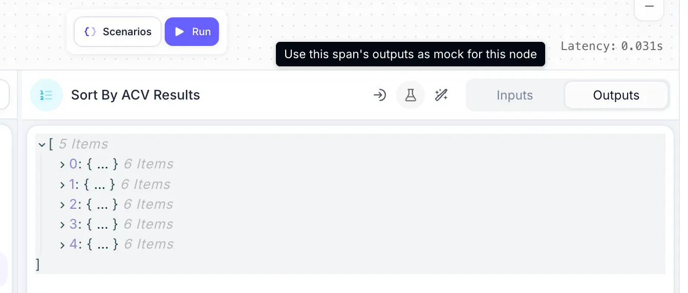 Workflow Sandbox showing tooltip to use span outputs as mock for this Node