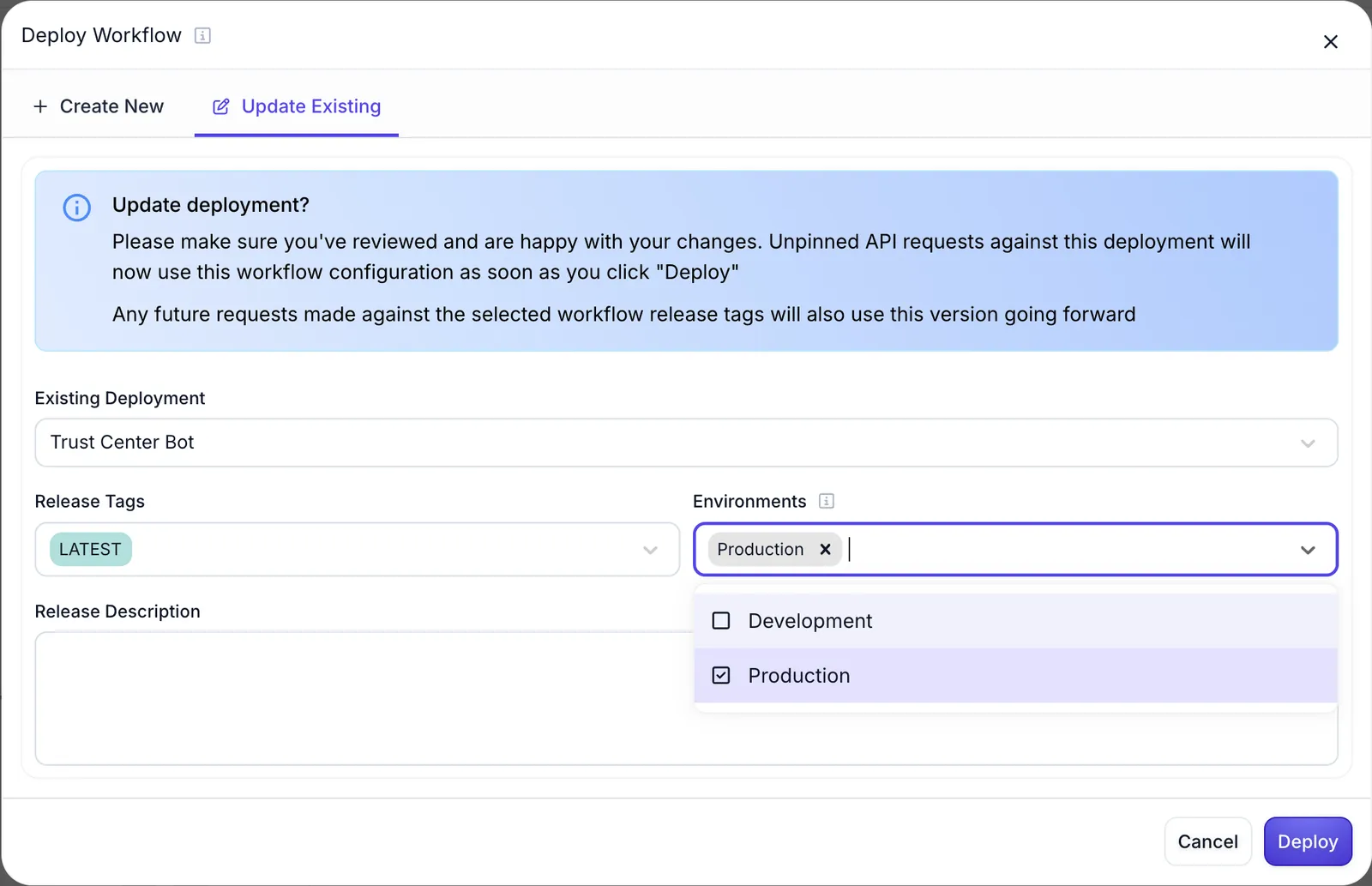 Deploy modal with multiple Environment selection options