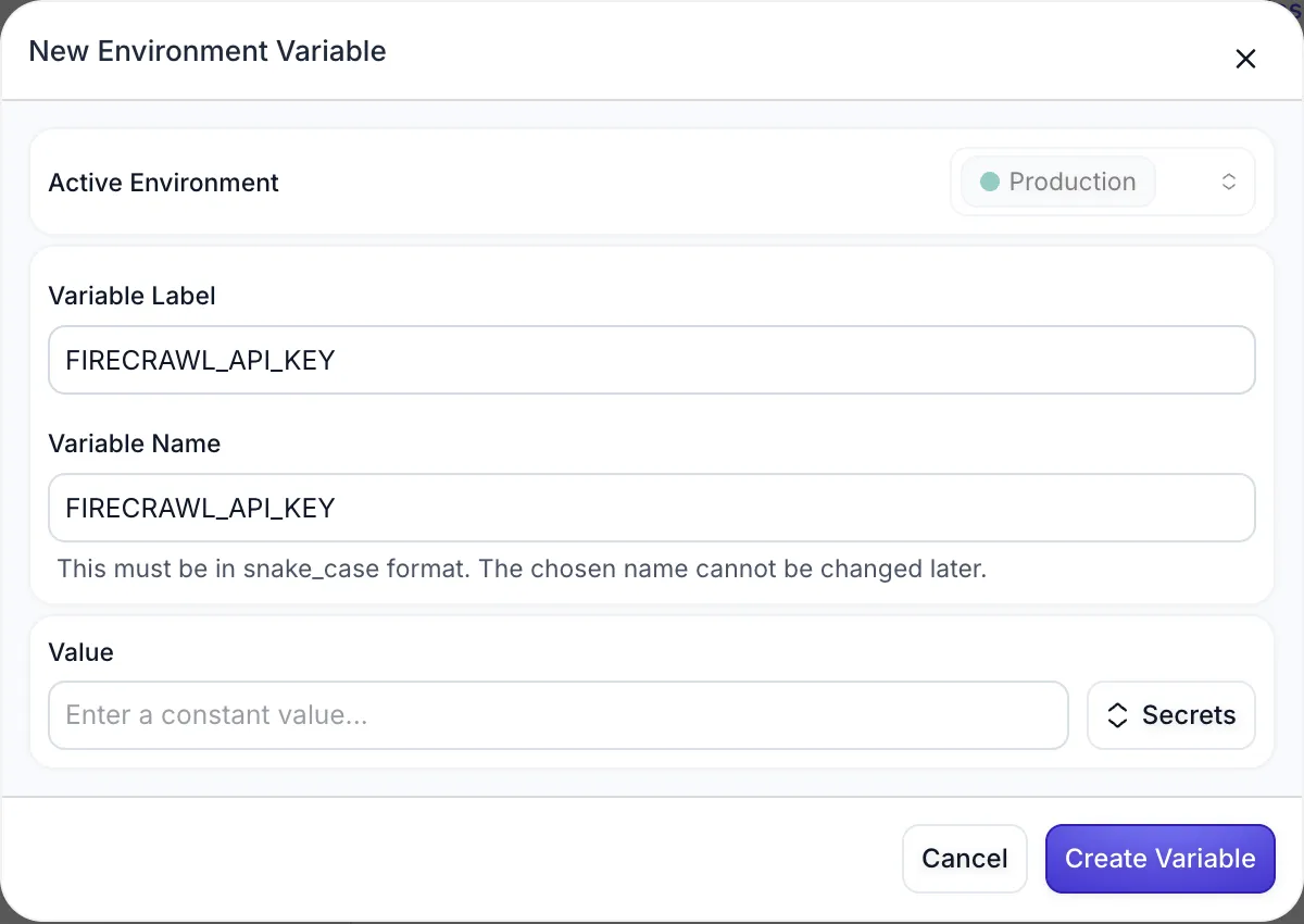 Modal for creating a new Environment Variable showing variable name, value configuration, and Secrets integration