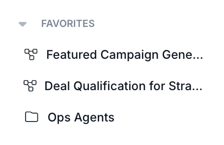 Sidebar showing Favorites section with favorited Workflows listed