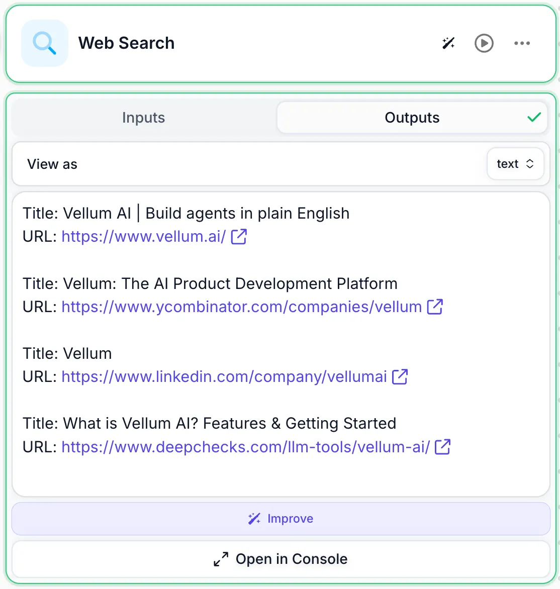 Web Search Node outputs showing search results with titles and URLs