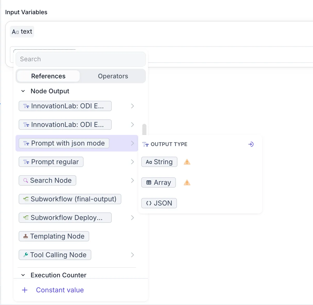 Expression input dropdown displaying Node output types in a separate menu