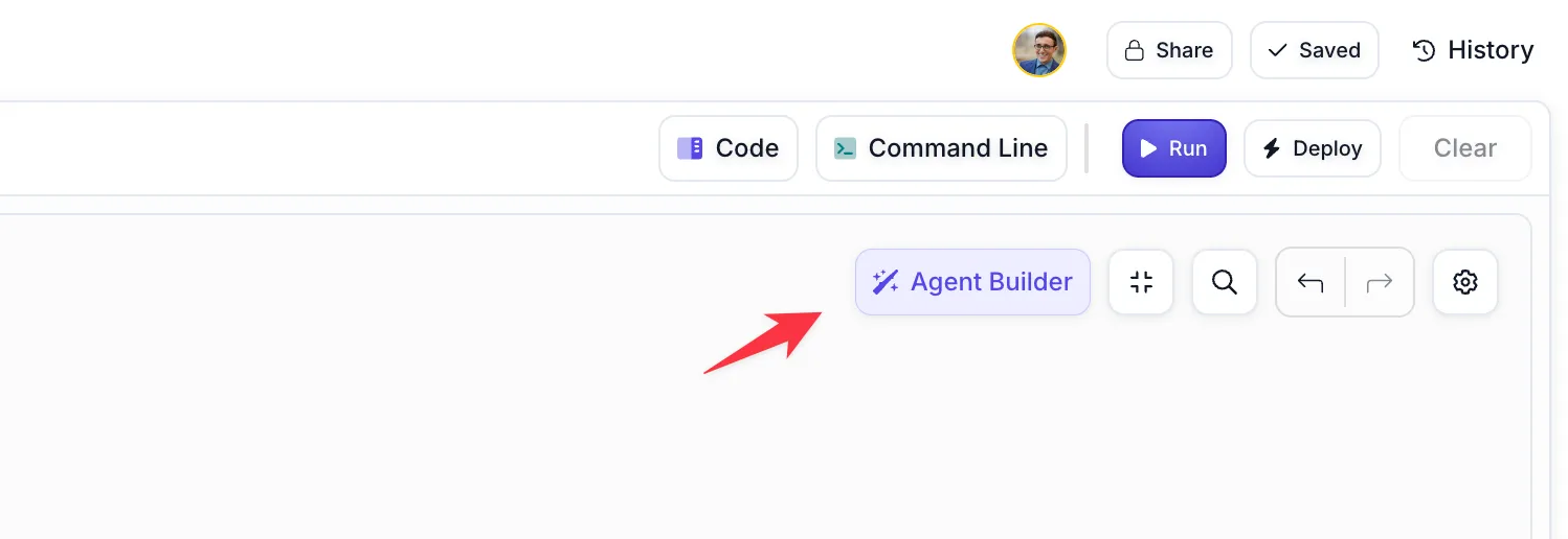 Screenshot showing the Agent Builder button prominently displayed in the Workflow Sandbox toolbar alongside other workflow controls