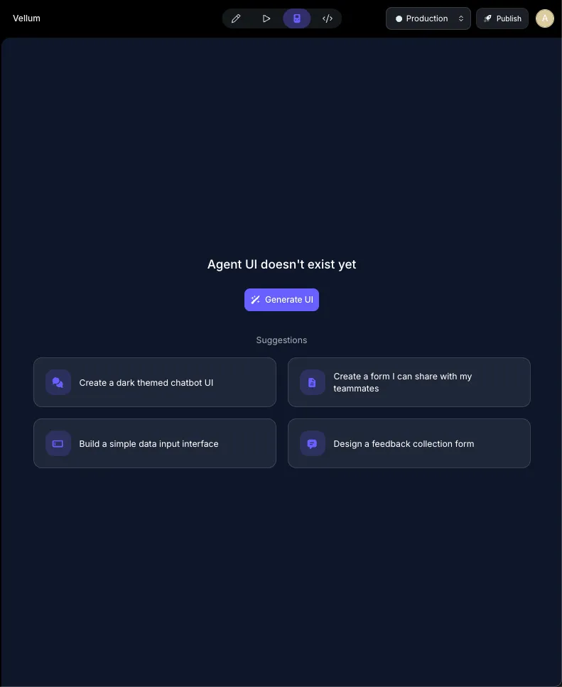 Preview mode showing the Generate UI button with interface suggestions