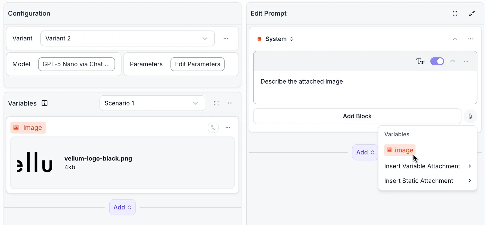 Screenshot showing Prompt variable configuration interface with an image variable being configured, displaying file upload area for vellum-logo-black.png