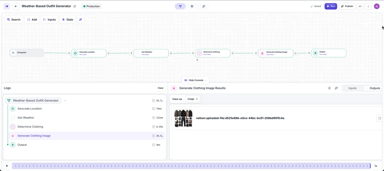 Workflow Sandbox showing image output in console