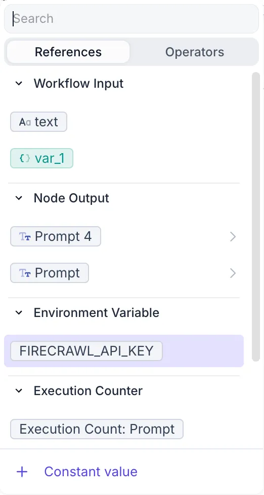 Workflow interface showing Environment Variables available in the Node input selection dropdown