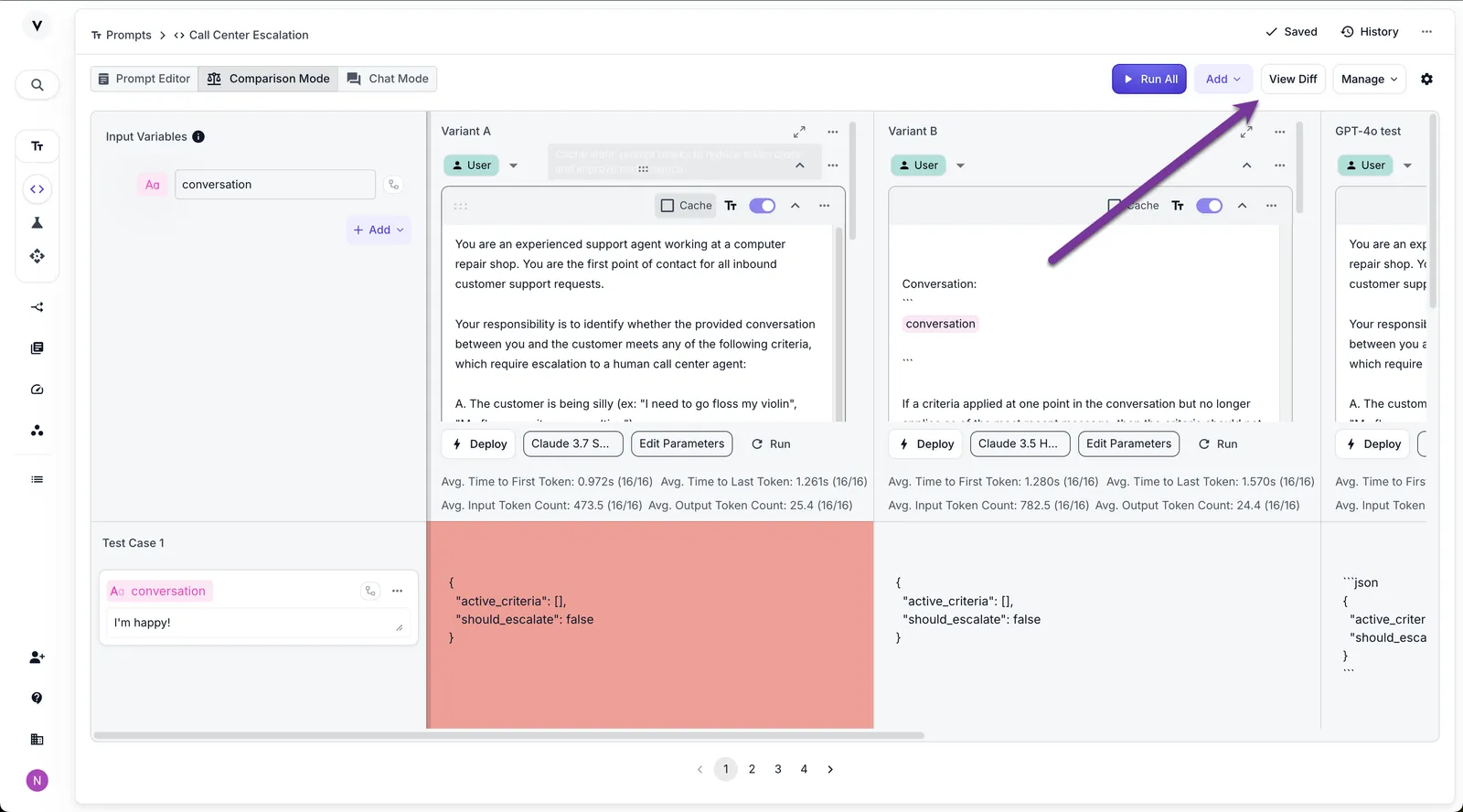 Prompt Comparison View Diff Button