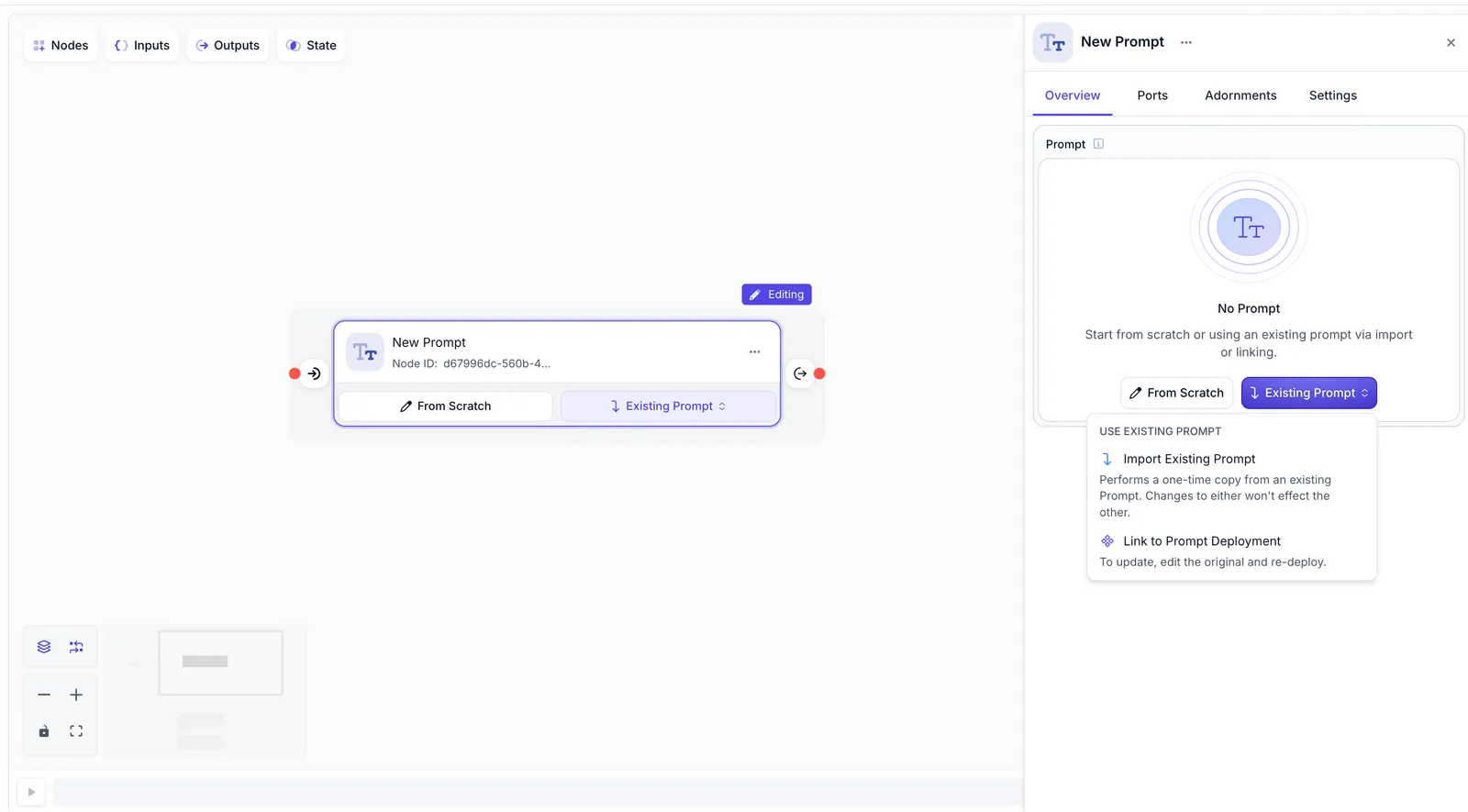 New Prompt Node interface showing unified starting point with From Scratch and Existing Prompt options