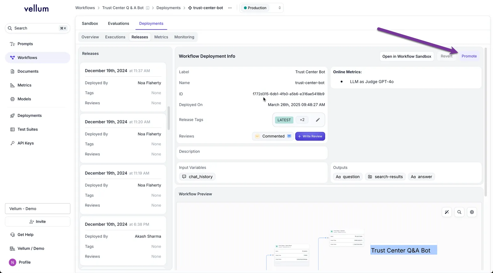 Promote button shown on a Release details page