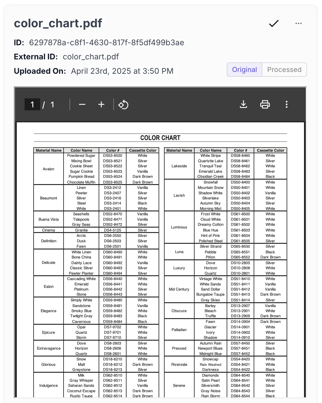 Color chart with multiple columns
