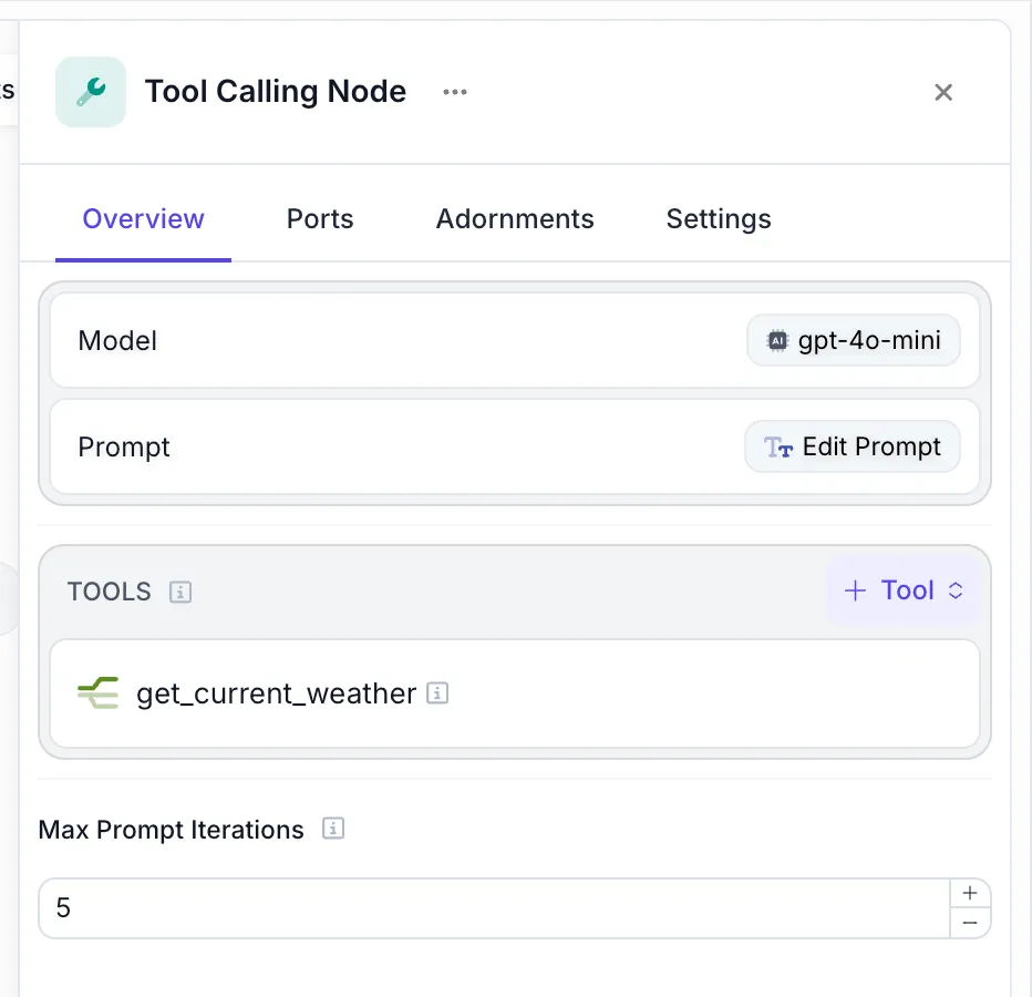Agent Node configuration showing model selection and prompt editing interface