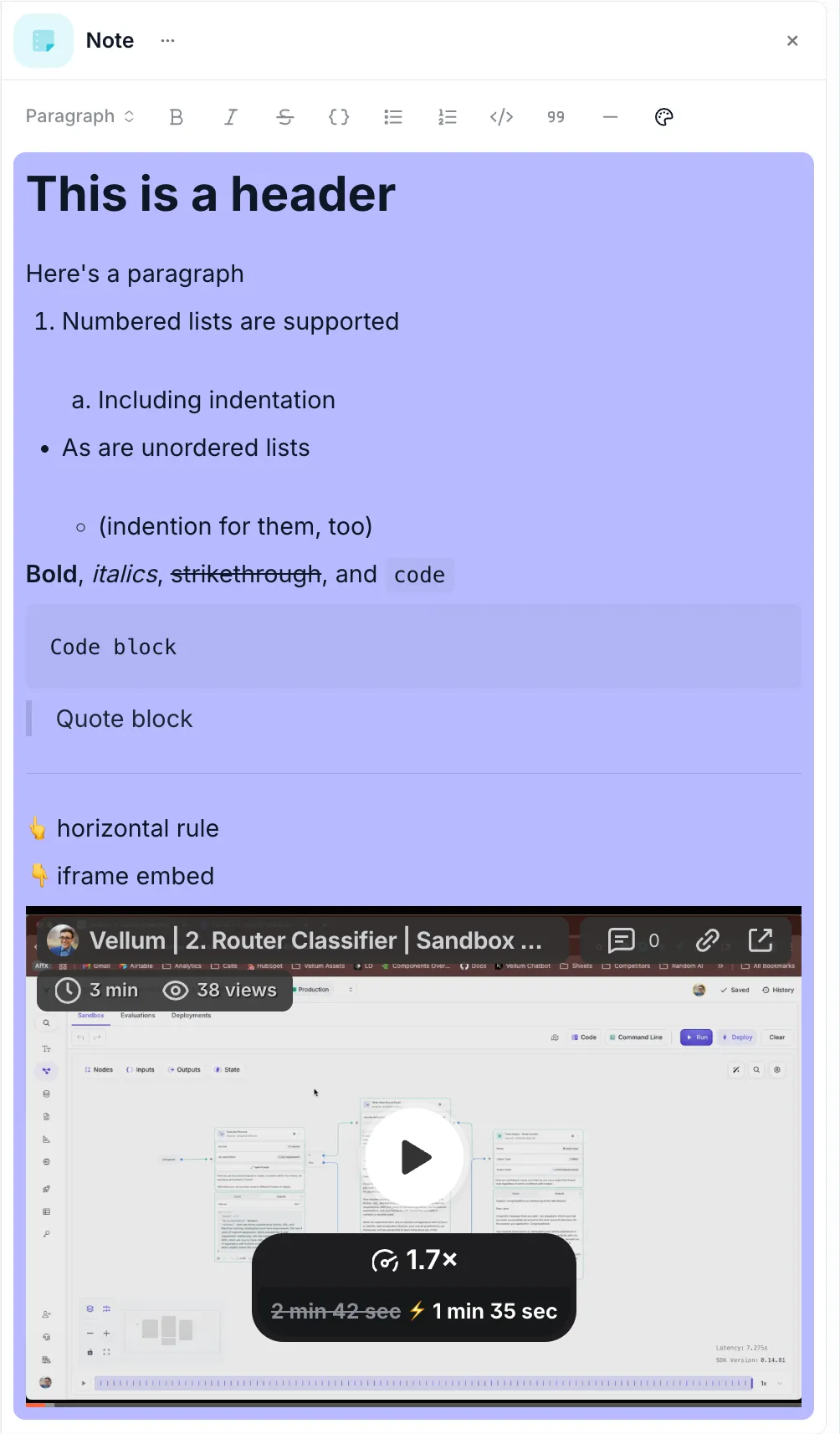 Screenshot showing the Note Node Markdown Editor interface with formatting toolbar displaying options for headers, bold, italic, lists, code blocks, quotes, and iframe embedding, along with a preview showing formatted content including headers, paragraphs, lists, and embedded iframe